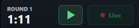 PlaybookFlow live session controls showing Round 1, a 1:11 timer, a play button and Live status