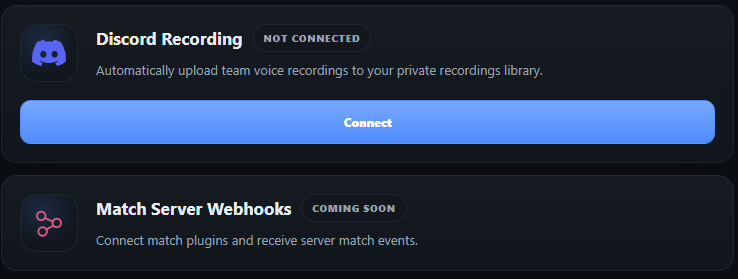 Discord Recording and Match Server Webhooks integration cards in PlaybookFlow